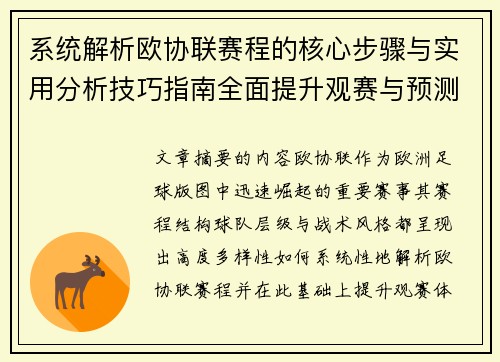 系统解析欧协联赛程的核心步骤与实用分析技巧指南全面提升观赛与预测能力